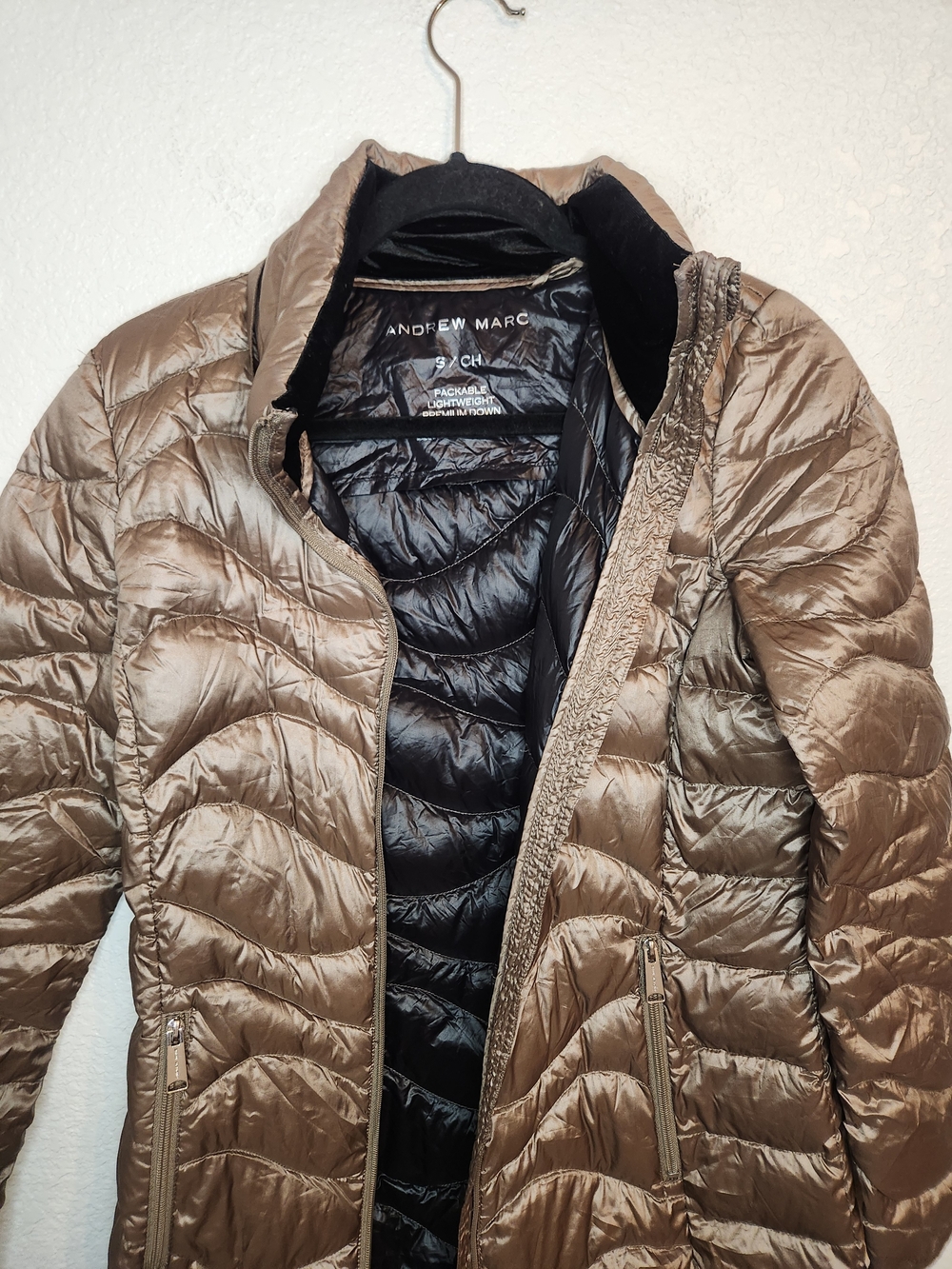 Andrew Marc Premium Down Packable Long Puffer Coat Taupe Brown Womens S - Picture 11 of 16